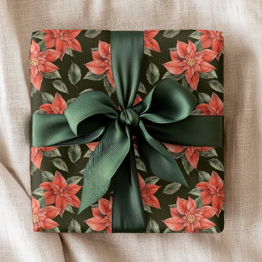 Papier Cadeau Fleurs rouges Poinsettia Festive Noël