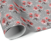 Papier Cadeau Fleurs rouges sur gris (Coin rond)