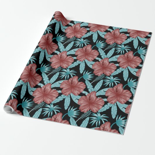Papier Cadeau Fleurs rouges tropicales sans coutures motif et fe (Déroulé)