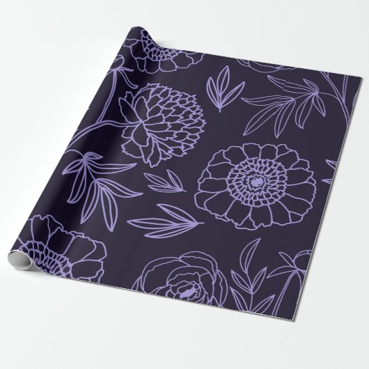 Papier Cadeau Fleurs royales de prune en toile de fond noire (Déroulé)