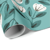 Papier Cadeau Fleurs sarcelle et blanc (Coin rond)