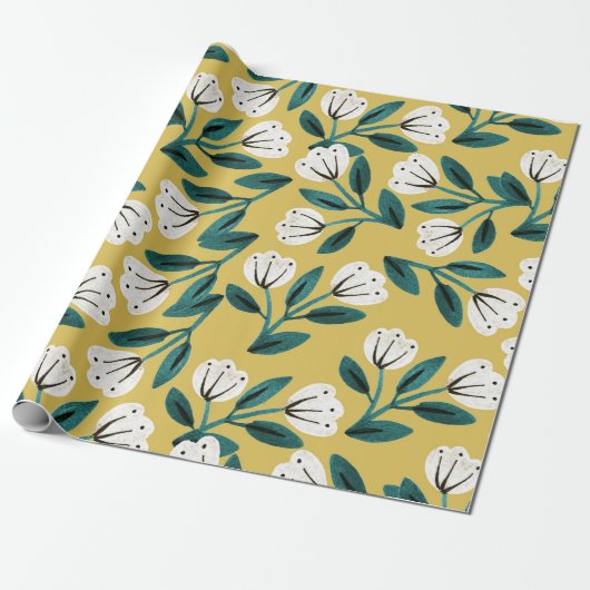 Papier Cadeau Fleurs sarcelle et or (Déroulé)
