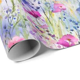 Papier Cadeau Fleurs sauvages aquarelle lumineuses bleues roses