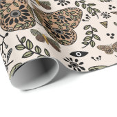 Papier Cadeau Fleurs sauvages de papillon de nuit bohème moderne (Coin rond)