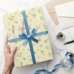 Papier Cadeau Fleurs sauvages esquissées sur fond jaune clair