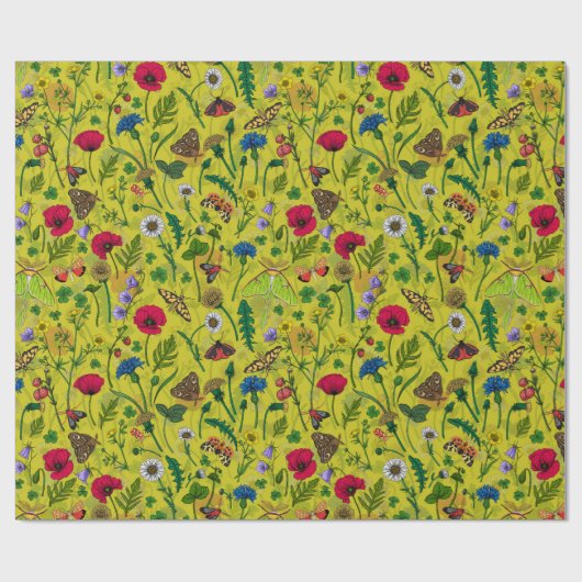 Papier Cadeau Fleurs sauvages et papillons de nuit en vert (Plat)