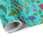 Papier Cadeau Fleurs sauvages et papillons de nuit sur turquoise (Coin rond)