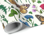 Papier Cadeau Fleurs sauvages et papillons sur blanc (Coin rond)
