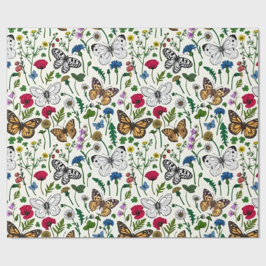 Papier Cadeau Fleurs sauvages et papillons sur blanc (Plat)