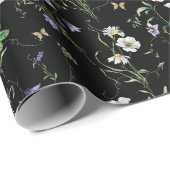 Papier Cadeau Fleurs sauvages et papillons sur le noir (Coin rond)