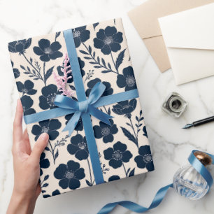Papier Cadeau Fleurs sauvages monochromes propres en bleu marine