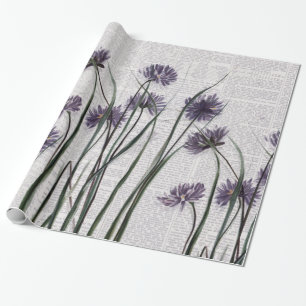 Papier Cadeau Fleurs sauvages pourpres sur le journal vintage