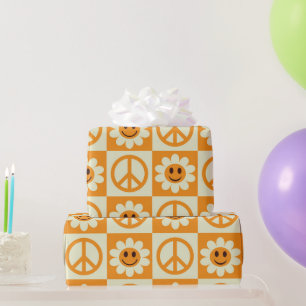Papier Cadeau Fleurs souriantes à carreaux et signes de paix ora
