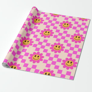 Papier Cadeau Fleurs souriantes rose vif à carreaux avec des car