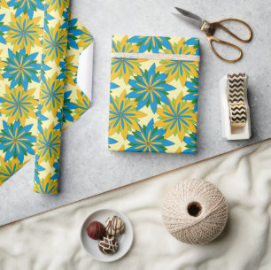Papier Cadeau Fleurs Starburst Bleues et Or