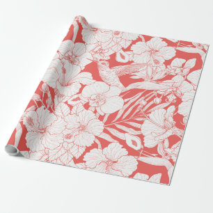 Papier Cadeau Fleurs tropicales et colibri en corail et dépareil