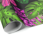 Papier Cadeau Fleurs tropicales et plantes en noir (Coin rond)