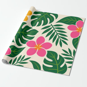 Papier Cadeau Fleurs tropicales orange et rose avec feuilles ver