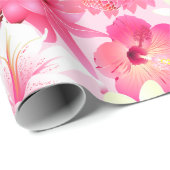 Papier Cadeau Fleurs tropicales rose et blanche (Coin rond)
