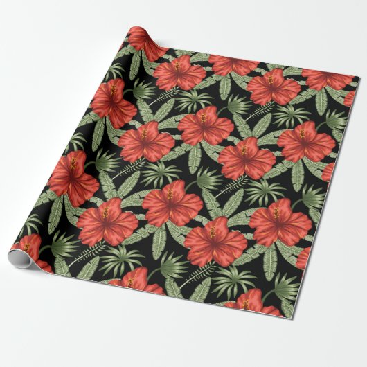 Papier Cadeau Fleurs tropicales rouges sans coutures motif vert (Déroulé)