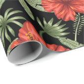 Papier Cadeau Fleurs tropicales rouges sans coutures motif vert  (Coin rond)