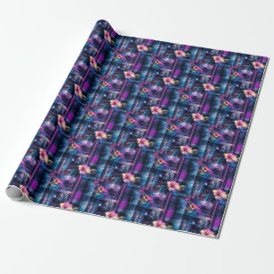 Papier Cadeau Fleurs tropicales violettes et bleues