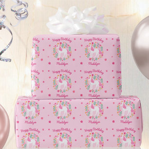 Papier Cadeau Fleurs Unicorne mignonnes Anniversaire Nom rose