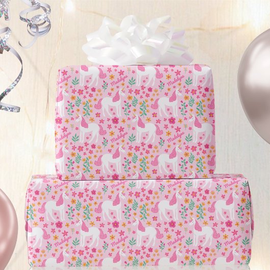 Papier Cadeau Fleurs Unicorne mignonnes Anniversaire Nom rose