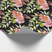 Papier Cadeau Fleurs Verdoyantes Rouges sur Fond Noir (Coin)