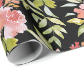 Papier Cadeau Fleurs Verdoyantes Rouges sur Fond Noir (Coin rond)