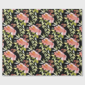 Papier Cadeau Fleurs Verdure Rouges Luxuriantes sur Fond Noir (Plat)