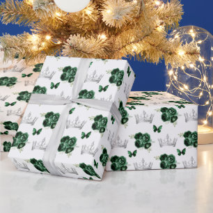 Papier Cadeau Fleurs vert foncé et couronnes argentées