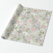Papier Cadeau Fleurs vert rose Motif botanique (Déroulé)
