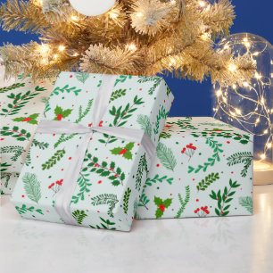 Papier Cadeau Fleurs vertes de Noël Berries Vert Noël