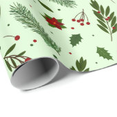 Papier Cadeau Fleurs vertes de Noël Berries Vert Noël (Coin rond)