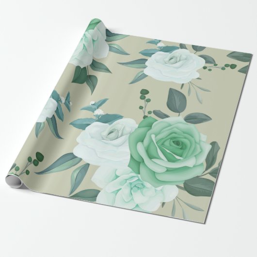 Papier Cadeau Fleurs vertes et blanches (Déroulé)