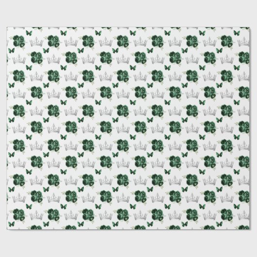Papier Cadeau Fleurs vertes foncées et Couronnes d'argent (Plat)