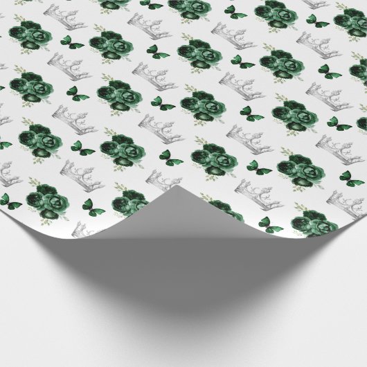 Papier Cadeau Fleurs vertes foncées et Couronnes d'argent (Coin)