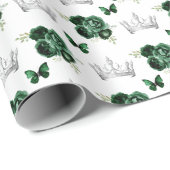 Papier Cadeau Fleurs vertes foncées et Couronnes d'argent (Coin rond)
