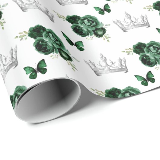 Papier Cadeau Fleurs vertes foncées et Couronnes d'argent (Coin rond)