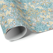 Papier Cadeau Fleurs vintages, feuillage bleu clair transparent (Coin rond)