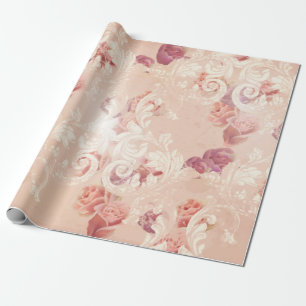 Papier Cadeau Fleurs vintages rose et ornements baroques motif