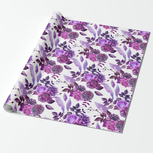 Papier Cadeau Fleurs violettes aquarelle Violet floral Botanique (Déroulé)