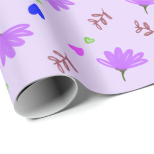 Papier Cadeau Fleurs violettes Coeurs bleus