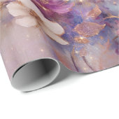 Papier Cadeau Fleurs violettes d'or blanc féminin (Coin rond)