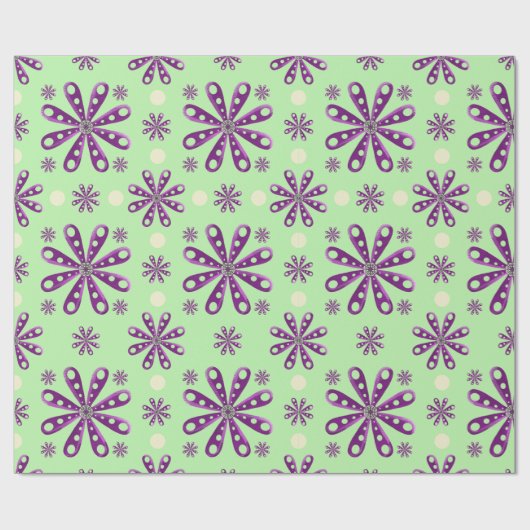 Papier Cadeau Fleurs violettes rétro sur fond vert (Plat)