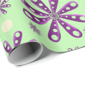 Papier Cadeau Fleurs violettes rétro sur fond vert (Coin rond)