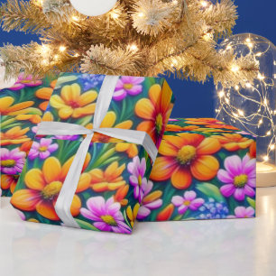 Papier Cadeau Fleurs vives colorées et oiseaux Enveloppement Pap