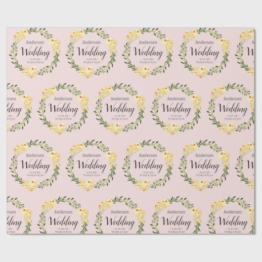 Papier Cadeau Fleurs W/C Jaunes Noms et Mariage rose pâle Date (Plat)