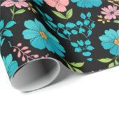 Papier Cadeau Fleurs Whimsmiques sur le Blackground de minuit (Coin rond)